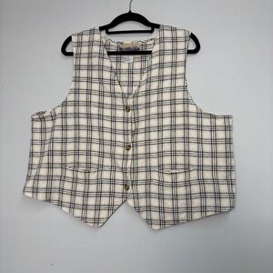 Noile Silk Exchange Plus Womens 22W Silk Plaid Button Front Vest Cream Navy Tan